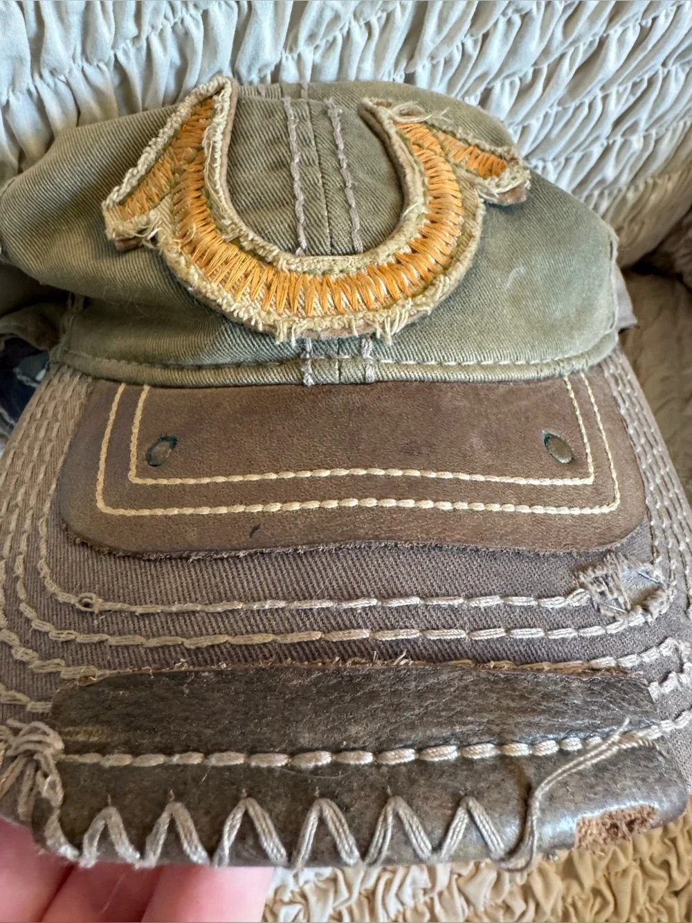 True Religion Distressed Horseshoe & Leather Baseball Hat